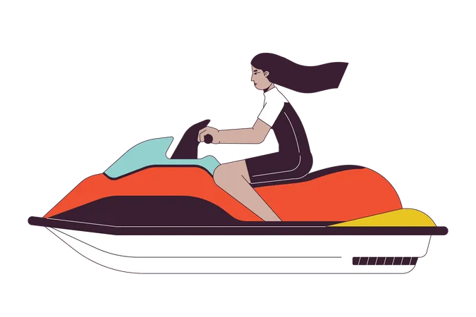 Swimwear Arab Young Woman Riding Jet Ski Flat Line Color Vector Character Editable Outline Full Body Person On White Extreme Water Sport Simple Cartoon Spot Illustration For Web Graphic Design Illustration
