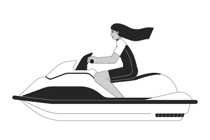 Swimwear Arab Young Woman Riding Jet Ski Flat Line Black White Vector Character Editable Outline Full Body Person Extreme Water Sport Simple Cartoon Isolated Spot Illustration For Web Graphic Design Illustration