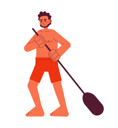 Swimwear Man Holding Paddle Semi Flat Colorful Vector Character Physical Activity Paddleboarding Editable Full Body Person On White Simple Cartoon Spot Illustration For Web Graphic Design 일러스트레이션