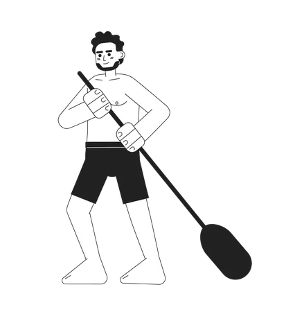 Swimwear Man Holding Paddle Monochromatic Flat Vector Character Physical Activity Paddleboarding Editable Thin Line Full Body Person On White Simple Bw Cartoon Spot Image For Web Graphic Design Illustration