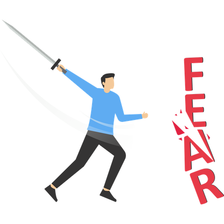 Sword-wielding businessman cuts out the letters that say FEAR  Illustration