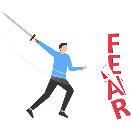 Sword-wielding businessman cuts out the letters that say FEAR  Illustration