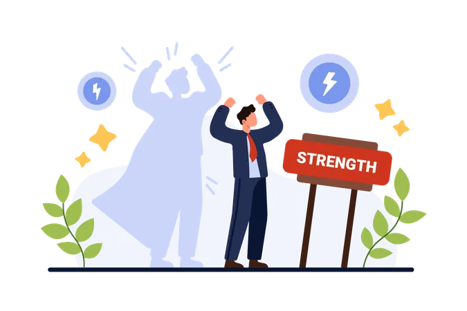 SWOT Analysis Identification Of Strengths And Advantages For Effective Strategic Business Planning Tiny Strong Businessman Standing With Shadow In Superhero Cape Cartoon Vector Illustration Illustration