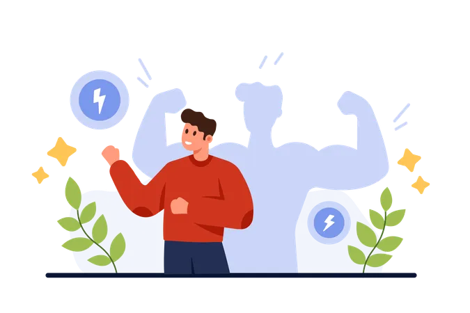 SWOT Analysis Planning Business Strategy With Identification Of Company Strengths Shadow Of Tiny Man Showing Strong Muscles And Superhero Ability In Confident Pose Cartoon Vector Illustration イラスト