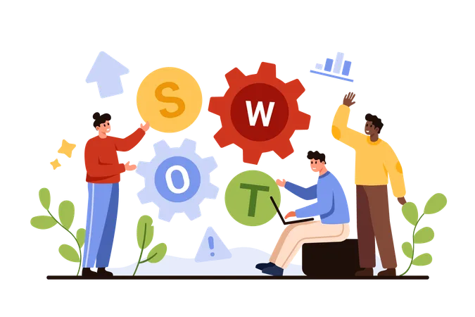 SWOT Analysis For Business Strategy Planning By Marketing Team Tiny People Work On Vision Of Strength And Weakness Threat And Opportunity For Enterprise Or Project Cartoon Vector Illustration Illustration