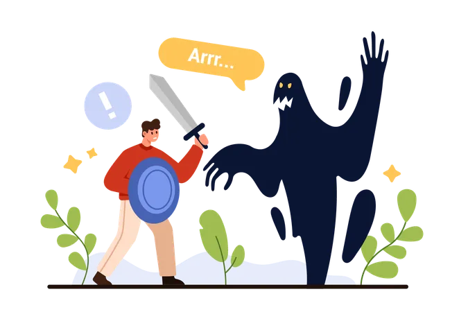 SWOT Analysis Identification Of Threats And Risks For Business Planning Of Company Strategy Tiny Man With Shield And Sword Fighting Against Scary Shadow Monster Cartoon Vector Illustration Illustration