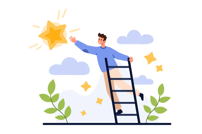 SWOT Analysis Opportunity Vision Ability For Business Strategic Planning Tiny Man Climbing Ladder High To Reach Big Star In Sky And Achieve Dream Or Success Goal Cartoon Vector Illustration Illustration