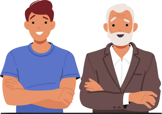 Symbol Of Generational Unity A Young And Old Man Characters Stand Side By Side Arms Crossed Embodying Wisdom And Experience Passed Down Through The Ages Cartoon People Vector Illustration Illustration