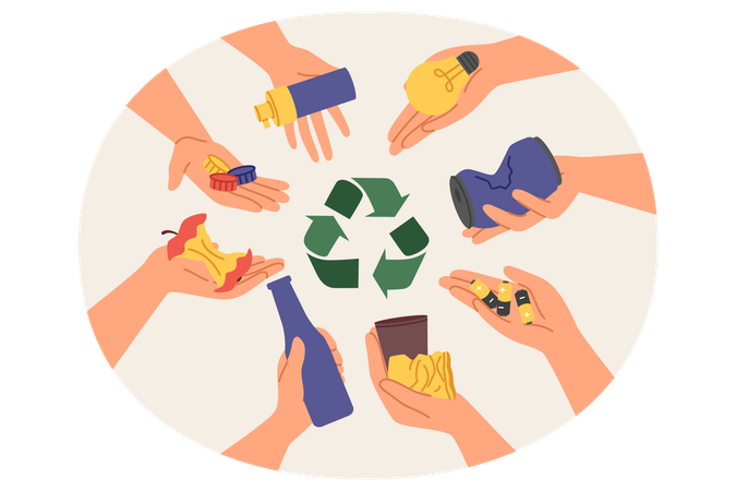 Symbol of separation and recycling of garbage among hands of people with various human waste  Illustration