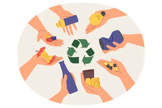 Symbol of separation and recycling of garbage among hands of people with various human waste  Illustration