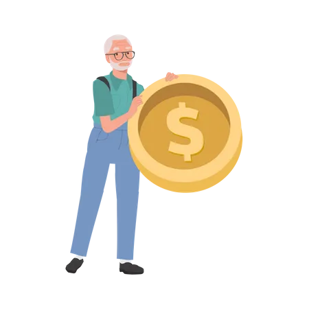 Symbol Of Wealth And Retirement Savings Concept Elderly Man Holding Big Gold Coin Flat Vector Cartoon Illustration Illustration