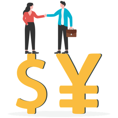 Signe du dollar et symbole monétaire du yen se serrant la main  Illustration