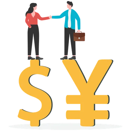 Signe du dollar et symbole monétaire du yen se serrant la main  Illustration