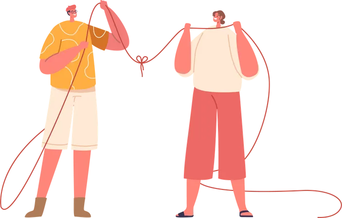 Woman And A Man Characters Interconnected By An Unbreakable Thread Symbolizing The Strength Of Their Social Ties And The Bond That Ties Their Hearts Together Cartoon People Vector Illustration Illustration