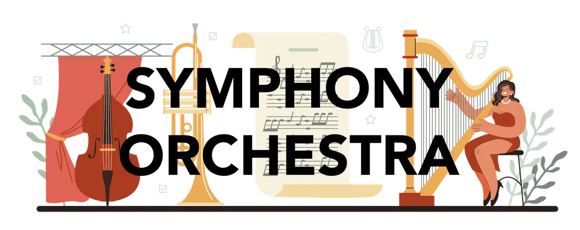 Symphony Orchestra Typographic Header Orchestra Performing Classical Music Musicians Playing Musical Instruments Flat Vector Illustration Illustration