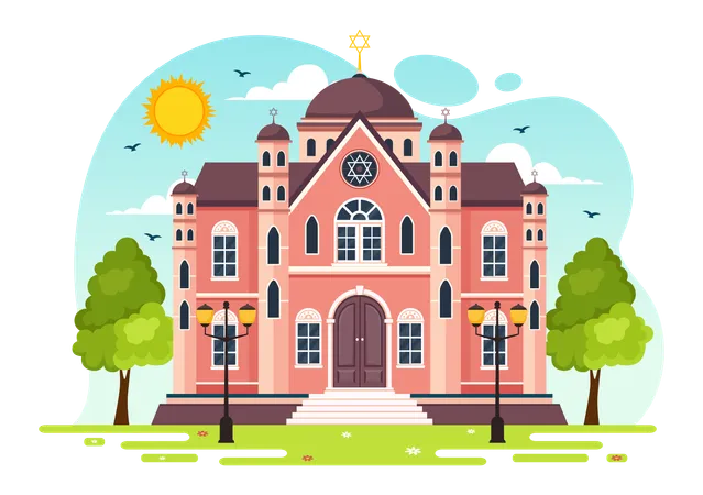 Synagogue Building Or Jewish Temple Vector Illustration With Religious Hebrew Or Judaism And Jew Worship Place In Flat Cartoon Background 일러스트레이션