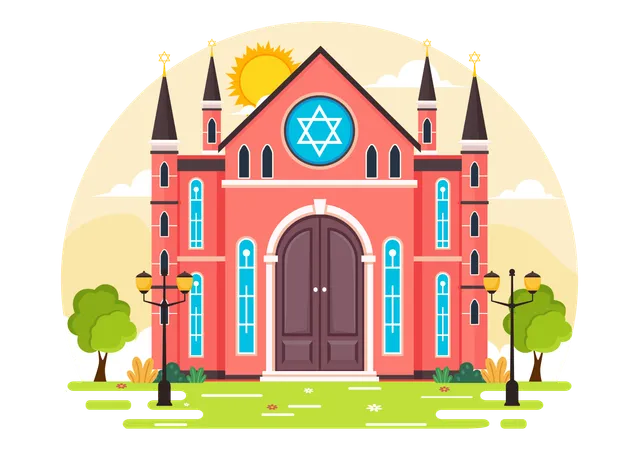 Synagogue Building Or Jewish Temple Vector Illustration With Religious Hebrew Or Judaism And Jew Worship Place In Flat Cartoon Background イラスト