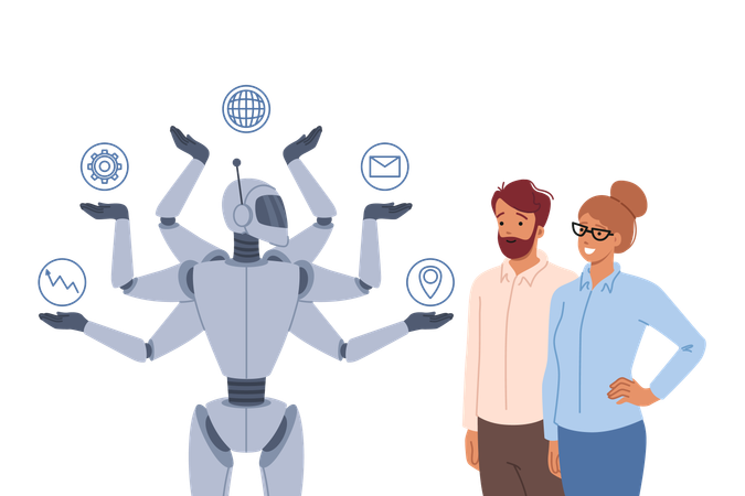 Synergie zwischen Multitasking-Roboter und erfolgreichen Geschäftsleuten durch moderne Technologien  Illustration