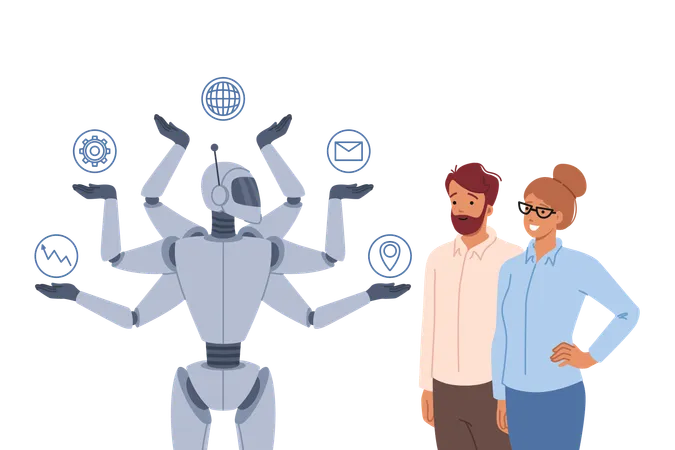 Synergie zwischen Multitasking-Roboter und erfolgreichen Geschäftsleuten durch moderne Technologien  Illustration