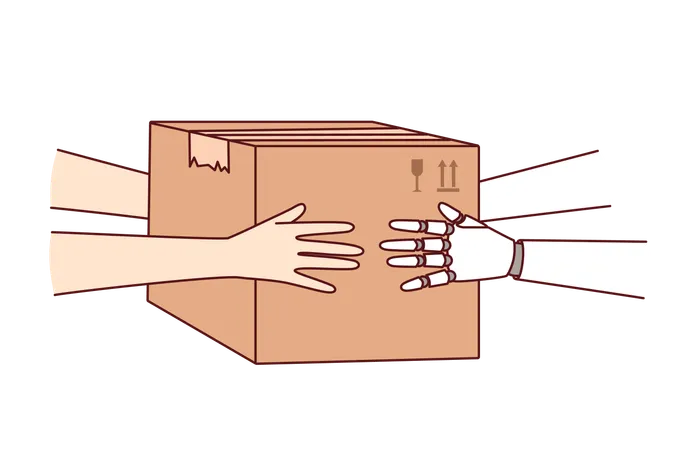 Synergy of human and robot working together in logistics and holding cardboard box with order  Illustration