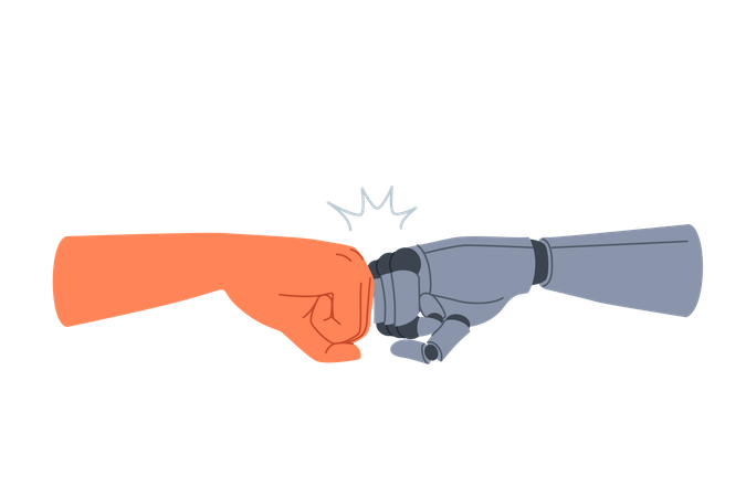 Synergy of robot and human joining fists as sign of solidarity and willingness to cooperate  Illustration