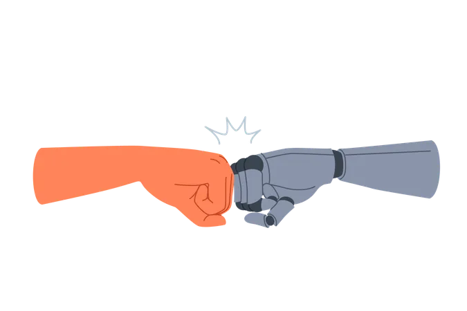 Synergy of robot and human joining fists as sign of solidarity and willingness to cooperate  Illustration