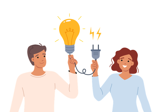 Synergy to find brilliant idea for man and woman holding giant light bulb with socket in hands  Illustration