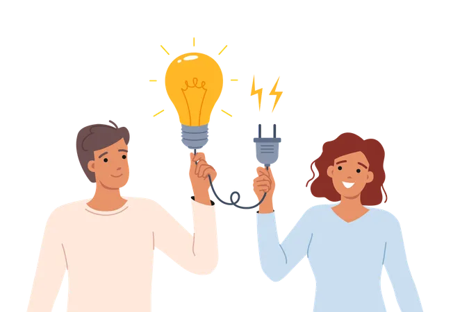 Synergy to find brilliant idea for man and woman holding giant light bulb with socket in hands  Illustration