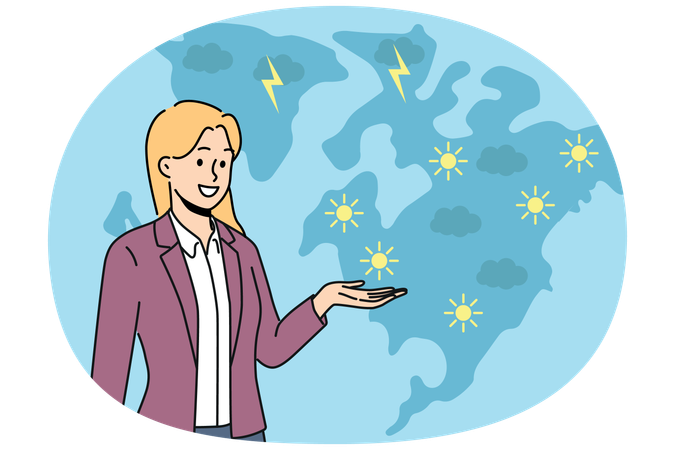 Synoptic woman gives weather forecast and participating in TV show after evening news release  Illustration