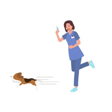 Professional Veterinarian With Pets Female Veterinarian Giving Vaccine To Dog But It Escape Flat Vector Cartoon Illustration Illustration