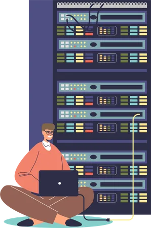 Sysadmin Repairing And Adjusting Network Connection System Administrator Working With Server Rack Cabinets And Computer Using Laptop Pc Cartoon Flat Vector Illustration Illustration
