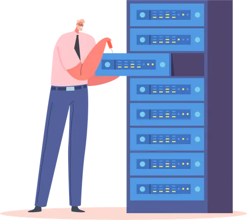 Sysadmin Servicing Server Racks Testing Or Repair Appliance System Administrator Character Upkeeping Administration Configuration Of Computer Systems And Networks Cartoon Vector Illustration Illustration