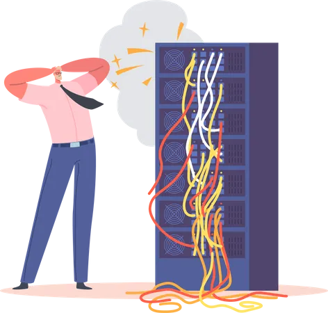 Sysadmin Servicing Server Racks with Short Circuit  Illustration