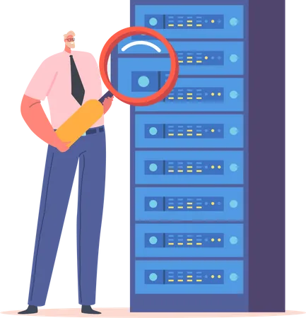 System Administrator Working With Server Rack Cabinets And Computer Datacenter Sysadmin Male Character With Magnifier Control And Adjusting Network Connection Cartoon People Vector Illustration Illustration