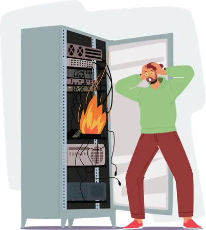 System Administrator Servicing Server Racks with Burning Fire inside Illustration
