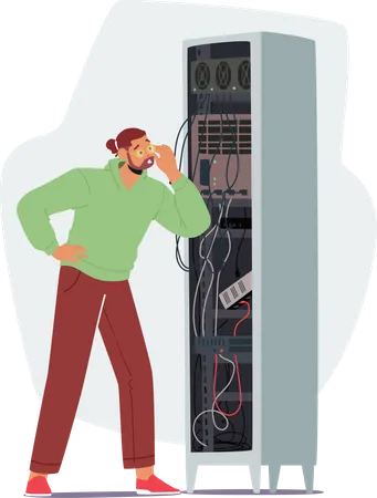 System Administrator Working With Server Rack  Illustration