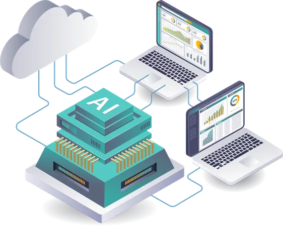 System zur Datenanalyse mit künstlicher Intelligenz auf Cloud-Servern  Illustration