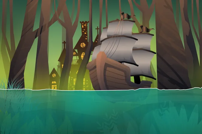 Szene: Galeone schwimmt im Fluss im Naturwald  Illustration