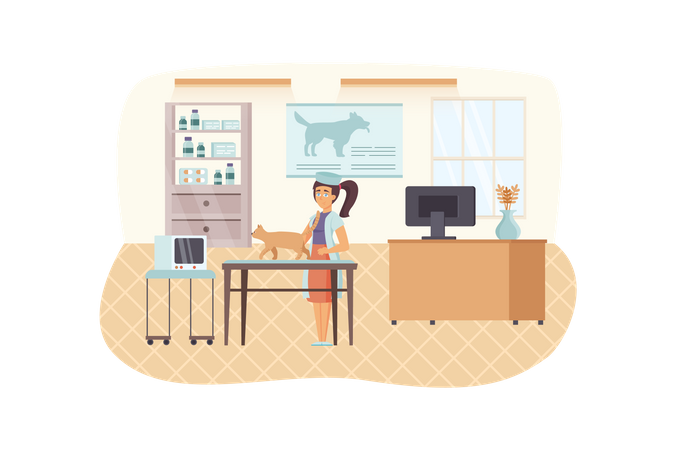 Szene in der Tierklinik. Tierärztin untersucht Katze. Inneres der Arztpraxis. Tierarztmedizin, Tierpflege, Gesundheitswesen, medizinisches Konzept. Vektorillustration von Personencharakteren im flachen Design  Illustration