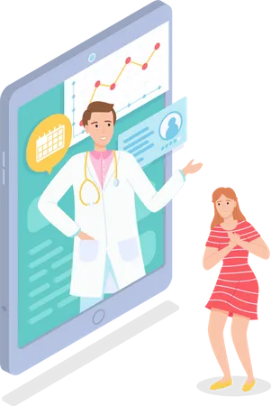 Tablet digital com consulta online de médico e paciente com dor  Ilustração