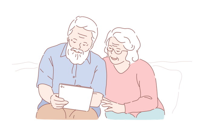 Estudando tablet por idosos  Ilustração