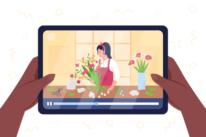 Tablet playing video on flower arrangement florist  Illustration