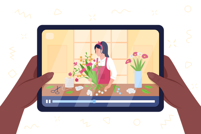 Tablet reproduzindo vídeo sobre florista de arranjo de flores  Ilustração