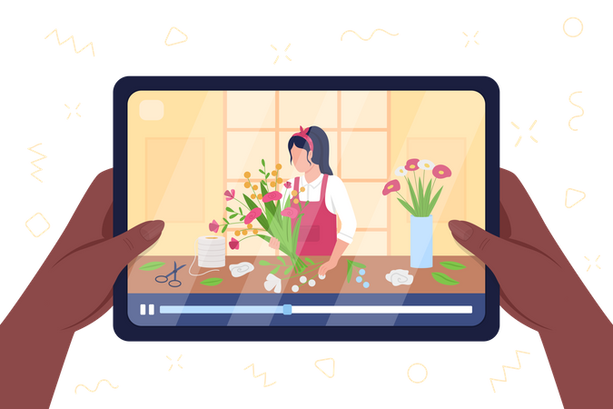 Tablet spielt Video über Blumenarrangement beim Floristen ab  Illustration