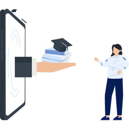 Tablet with Hand Holding Books and a Woman Gesturing  Illustration