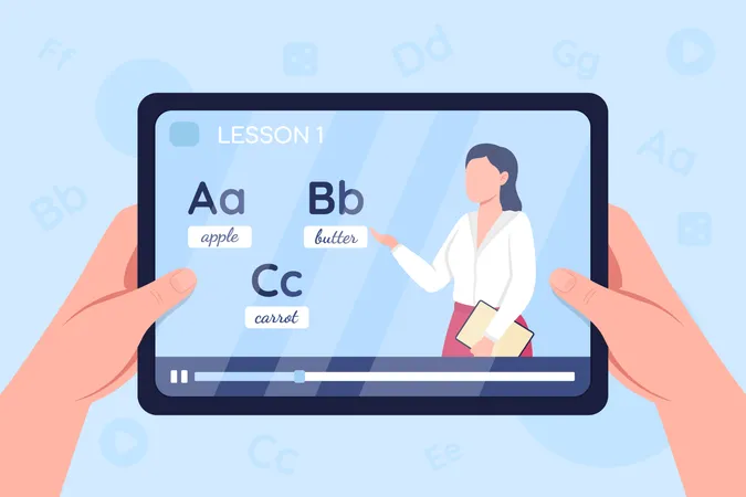 Las manos sostienen una tableta con un video sobre la clase de aprendizaje de inglés  Ilustración