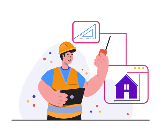 Ingeniero mirando tableta para una mejor planificación del trabajo futuro en el sitio de construcción  Ilustración