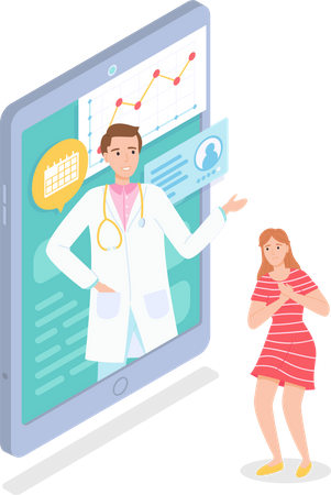 Tableta digital con consulta online de médico y paciente con dolor.  Ilustración