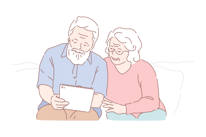 Tableta de estudio por parte de personas mayores  Ilustración