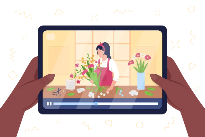 Tableta reproduciendo vídeo en floristería de arreglos florales  Ilustración